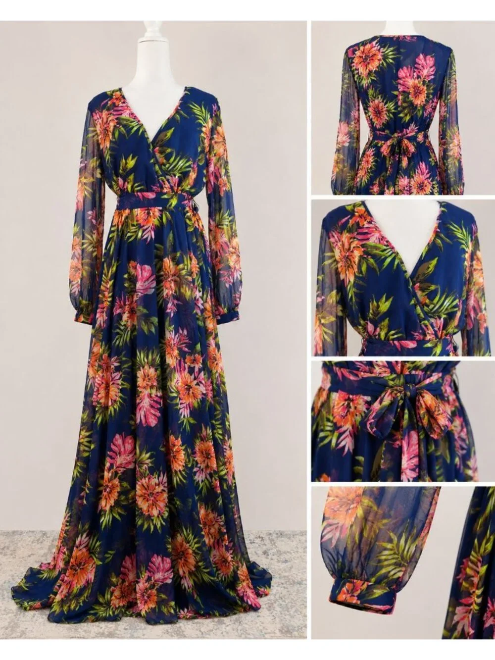 Renn Womens XL Tropical Floral Maxi Dress Blue Long Sleeve Belted NWT - Picture 2 of 16